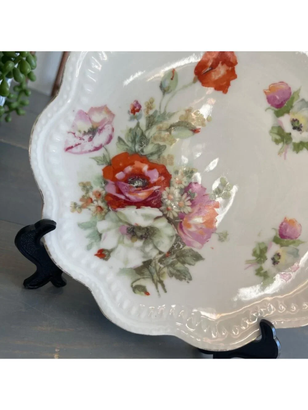 Antique Hand Painted Floral Porcelain Plate Germany Poppies Pink Roses Scalloped